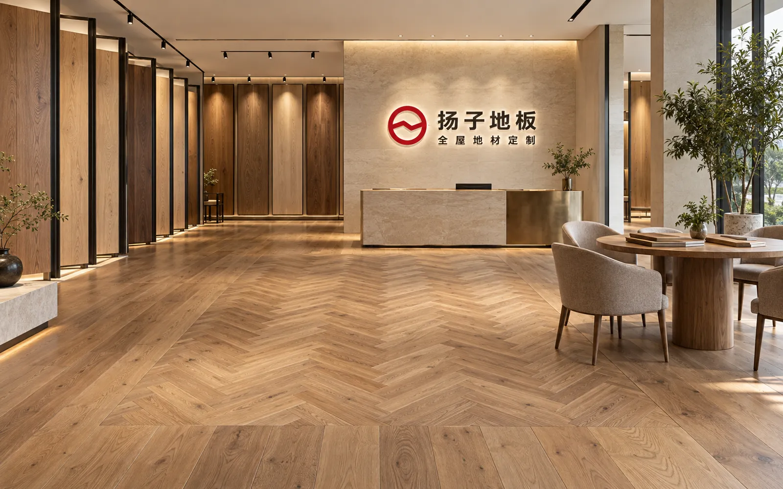扬子地板专卖店展厅，地面为人字拼铺装，两侧为地板展示墙与洽谈区